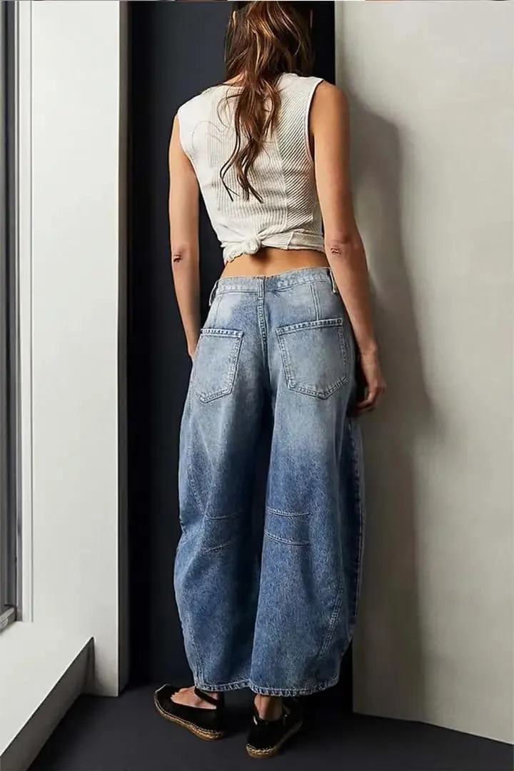 Women's Distressed High-Waisted Straight Leg Jeans, Blue Denim Pants(Belt not Included)