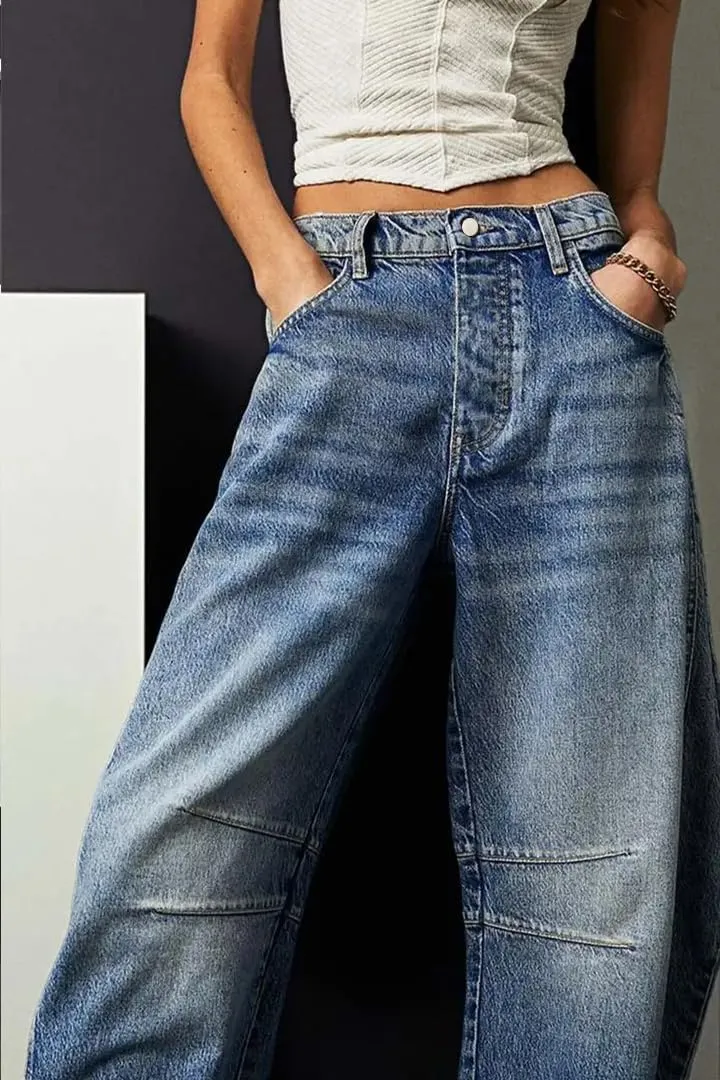Women's Distressed High-Waisted Straight Leg Jeans, Blue Denim Pants(Belt not Included)
