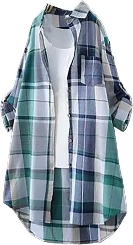Womens Flannel Plaid Shirts 2024 Fall Long Sleeve Button Down Checked Casual Long Tail Shirt Jacket with Pockets