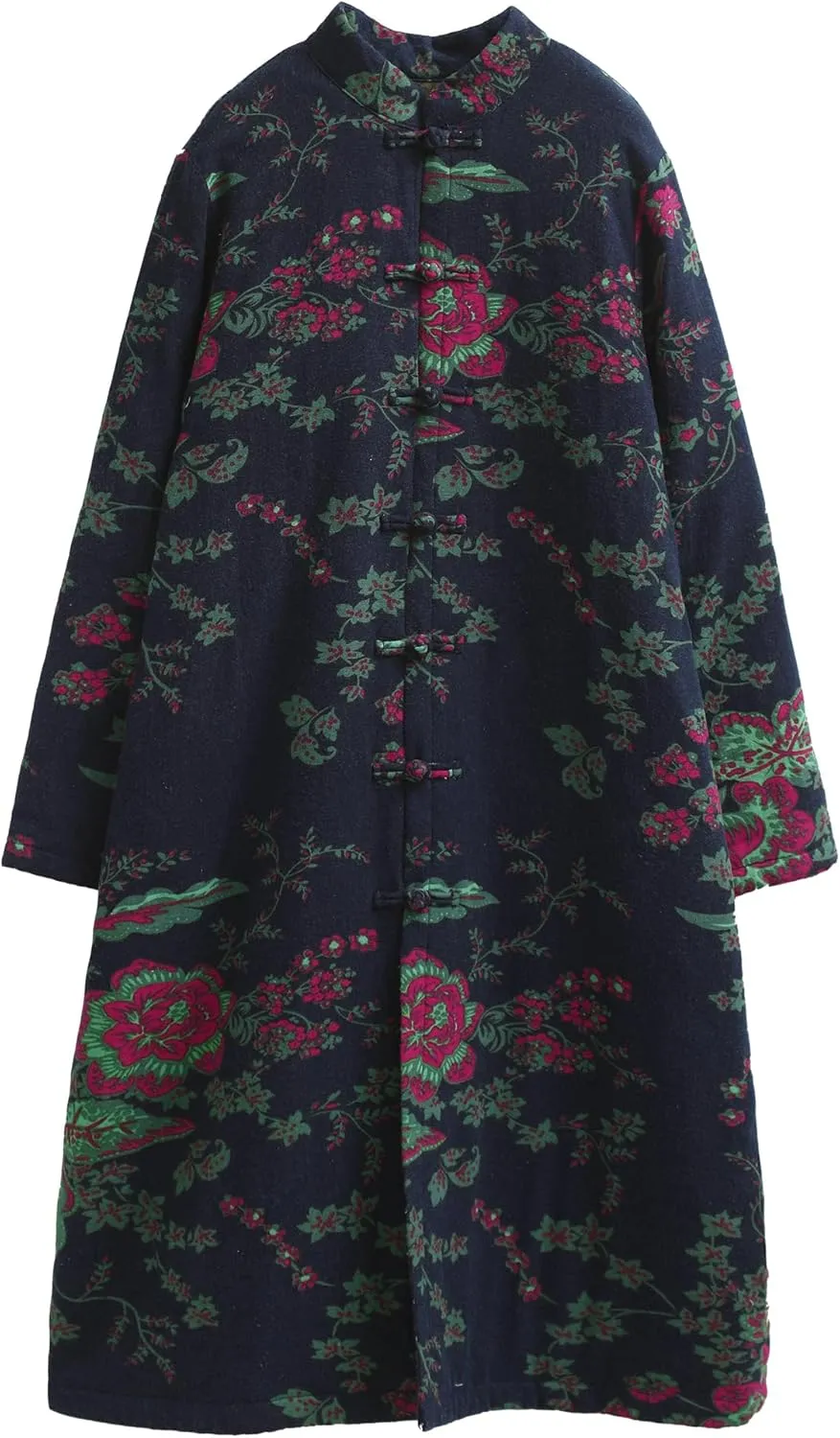 Women's Floral Print Long Trench Coat Casual Cotton Linen Jacket with Pockets Boho retro Outerwear Plus Size