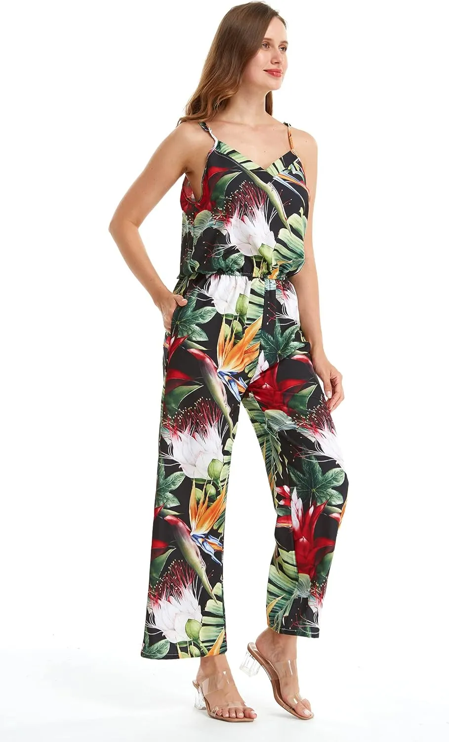 Women's Hawaiian Strap V with Pockets Jumpsuit in Simply Blue Leaves