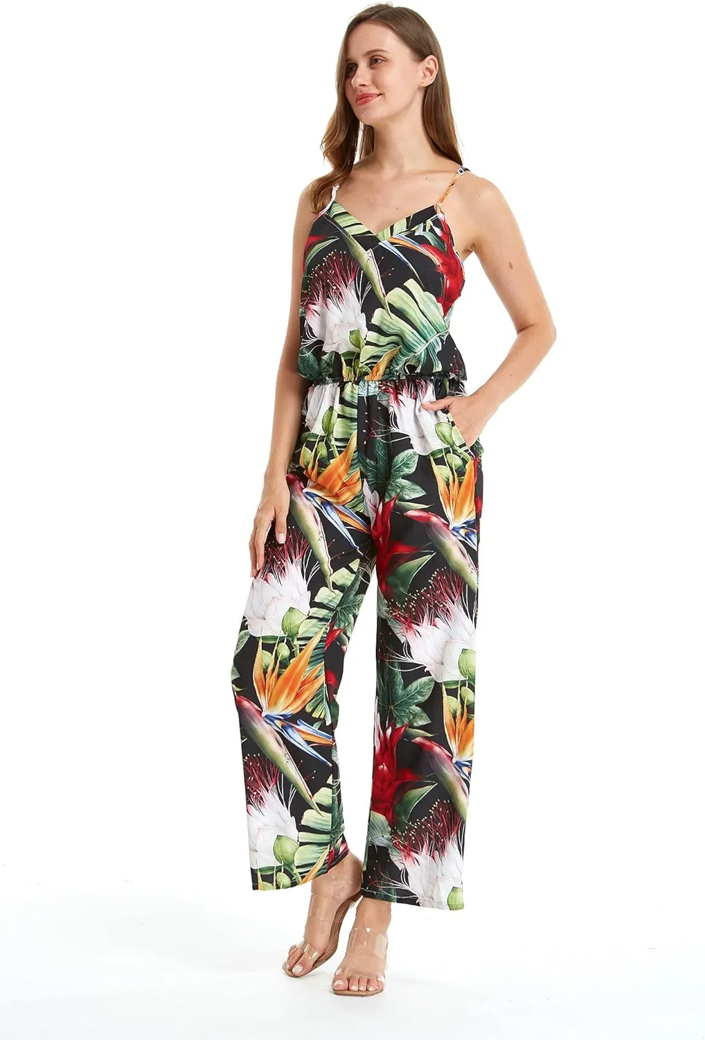Women's Hawaiian Strap V with Pockets Jumpsuit in Simply Blue Leaves