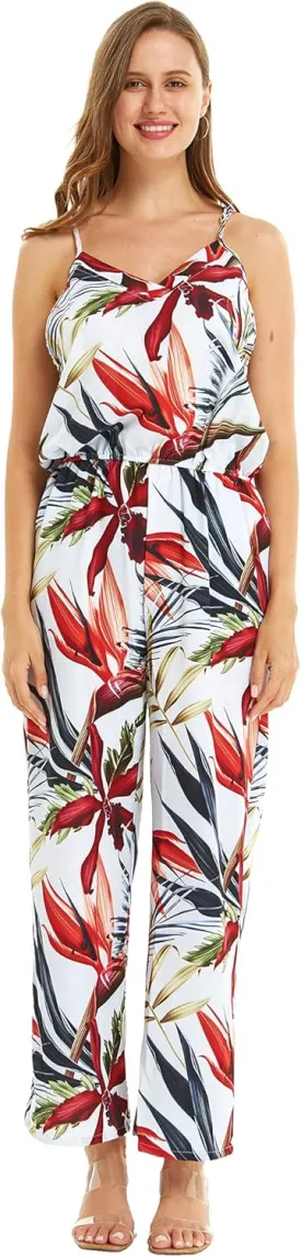 Women's Hawaiian Strap V with Pockets Jumpsuit in Simply Blue Leaves
