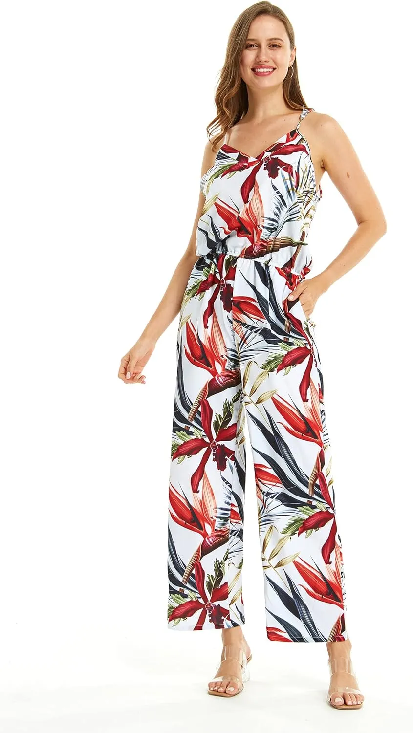 Women's Hawaiian Strap V with Pockets Jumpsuit in Simply Blue Leaves