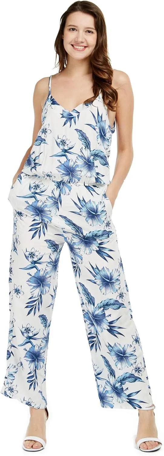 Women's Hawaiian Strap V with Pockets Jumpsuit in Simply Blue Leaves