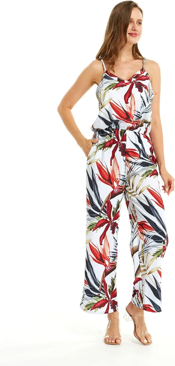 Women's Hawaiian Strap V with Pockets Jumpsuit in Simply Blue Leaves