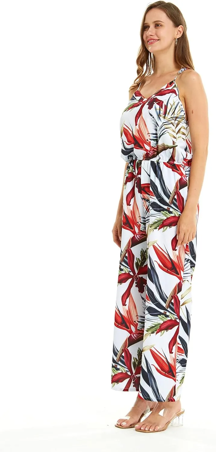 Women's Hawaiian Strap V with Pockets Jumpsuit in Simply Blue Leaves