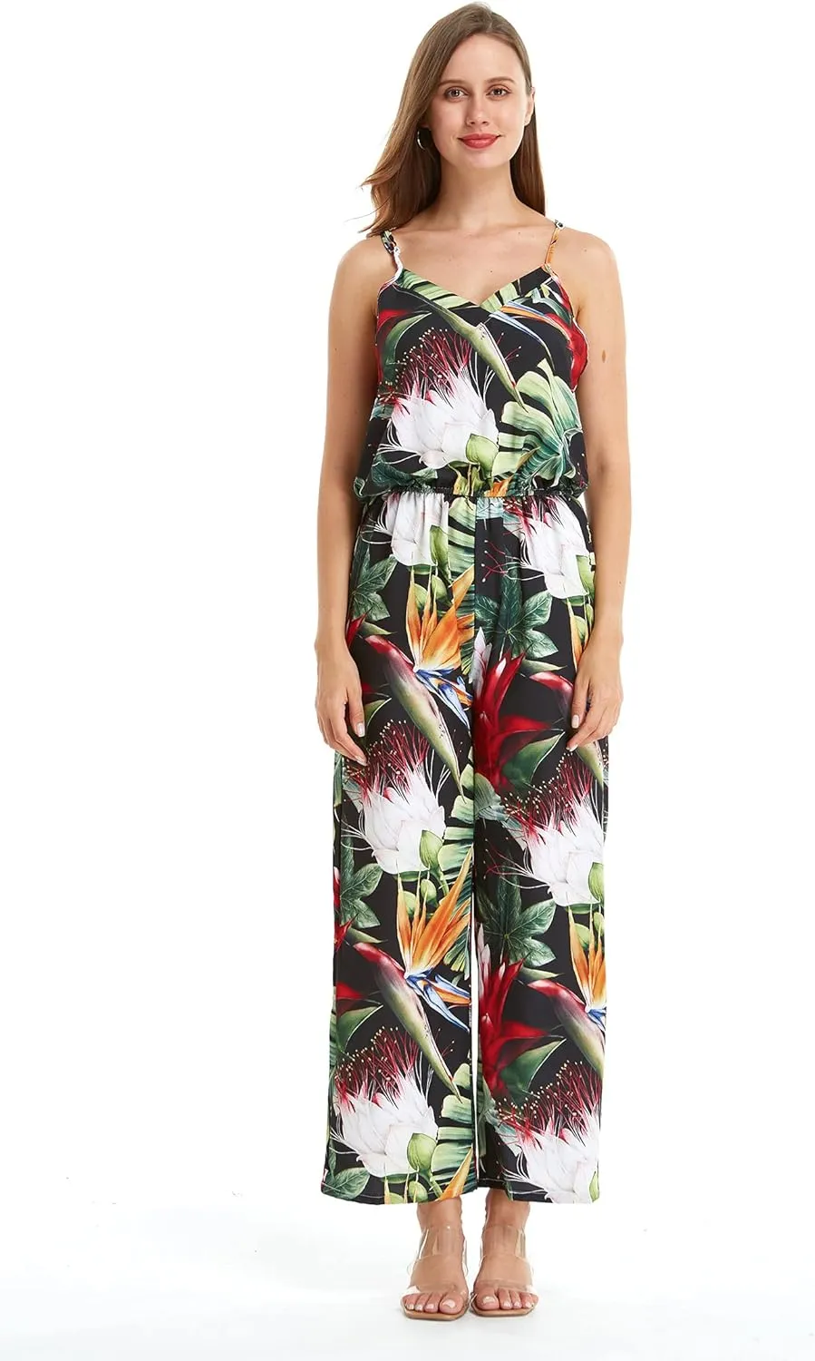 Women's Hawaiian Strap V with Pockets Jumpsuit in Simply Blue Leaves