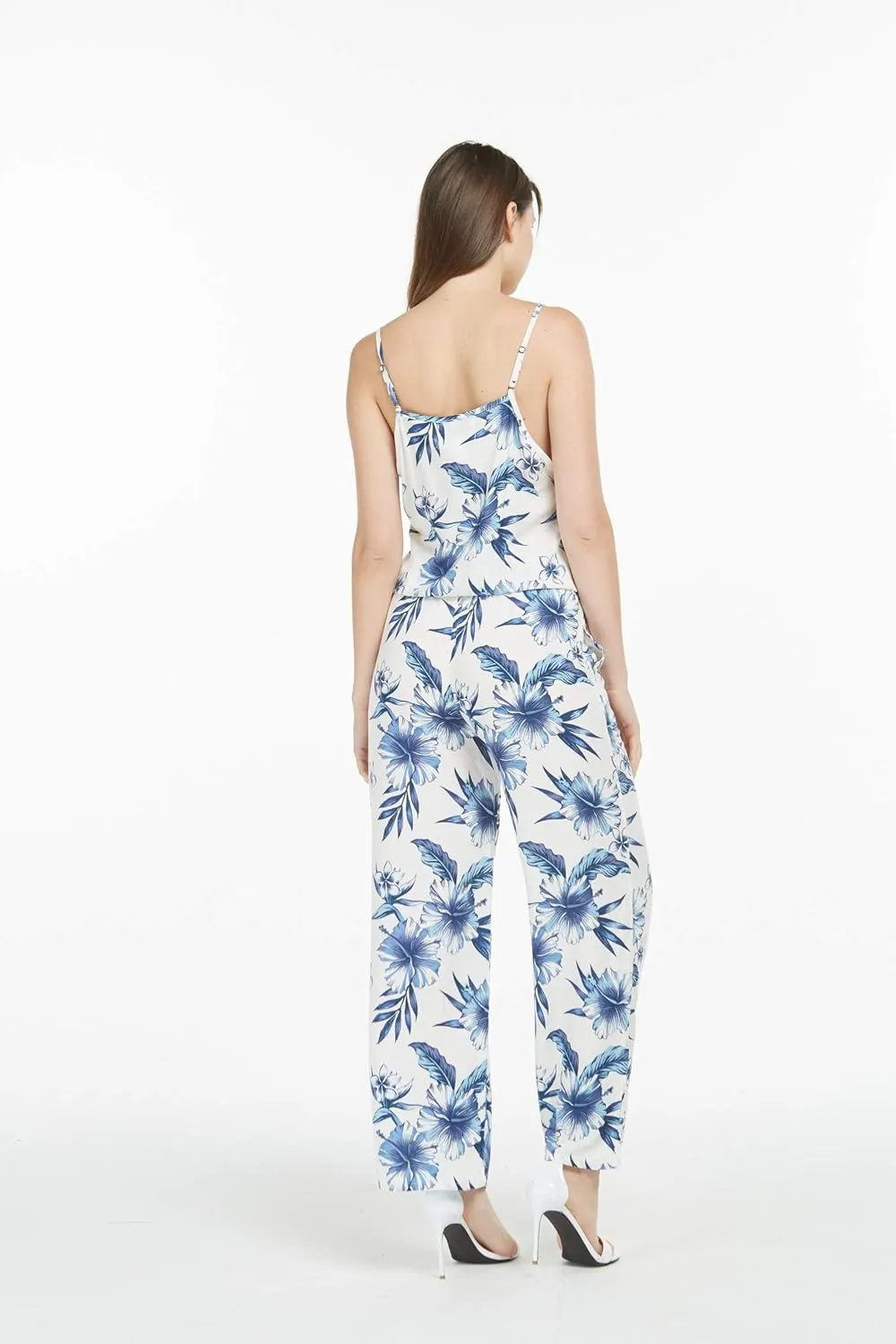 Women's Hawaiian Strap V with Pockets Jumpsuit in Simply Blue Leaves