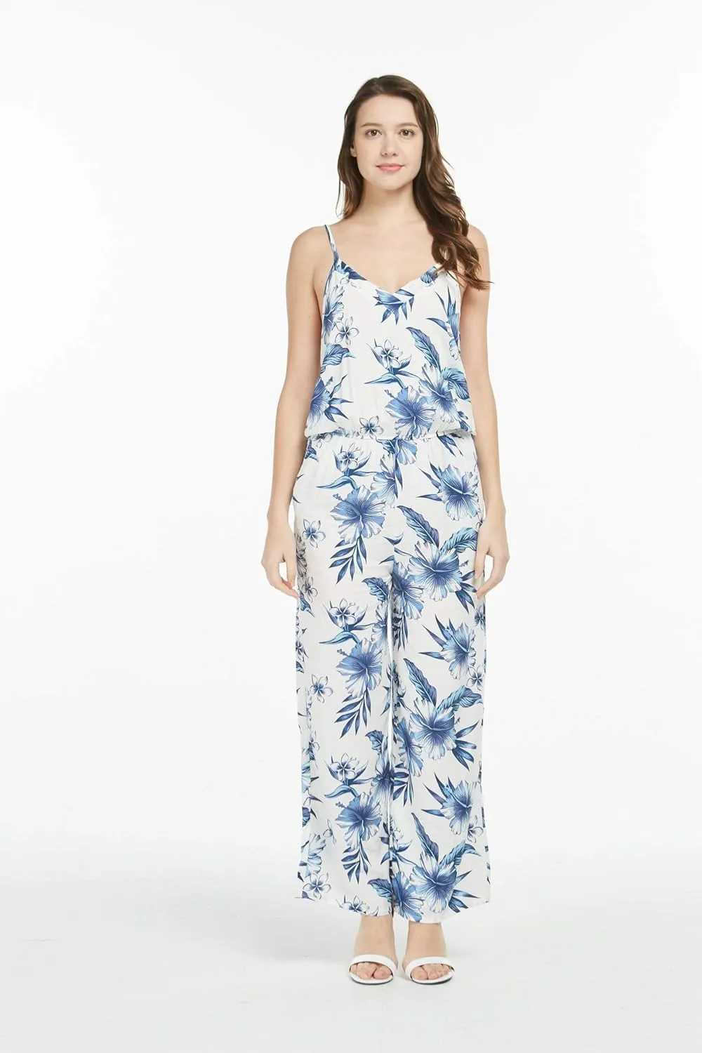 Women's Hawaiian Strap V with Pockets Jumpsuit in Simply Blue Leaves