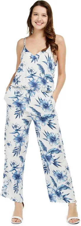 Women's Hawaiian Strap V with Pockets Jumpsuit in Simply Blue Leaves