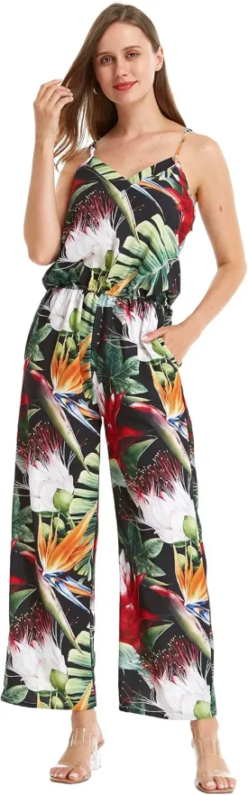 Women's Hawaiian Strap V with Pockets Jumpsuit in Simply Blue Leaves