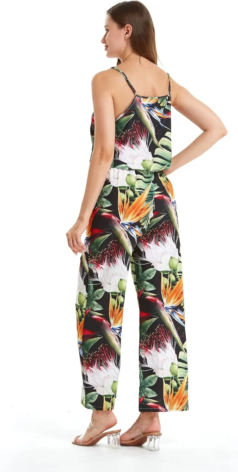 Women's Hawaiian Strap V with Pockets Jumpsuit in Simply Blue Leaves