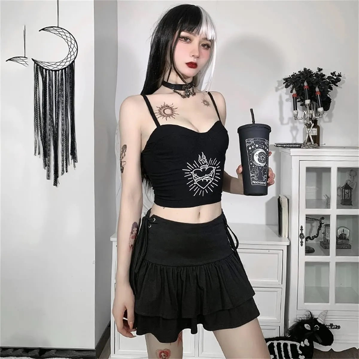 Womens High Waisted Goth Skirt Black Mini Skirts with Chain Short A-line Pleated School Tennis Dress
