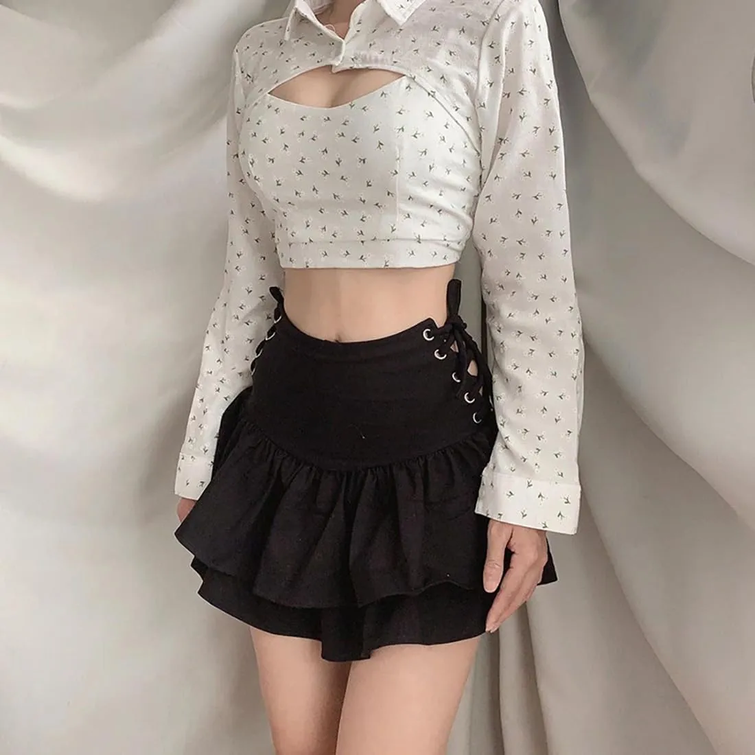 Womens High Waisted Goth Skirt Black Mini Skirts with Chain Short A-line Pleated School Tennis Dress