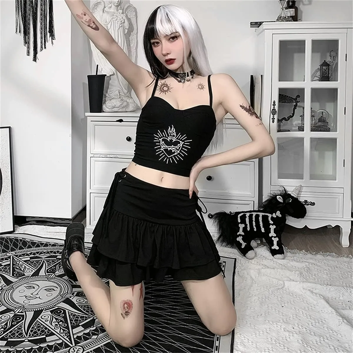 Womens High Waisted Goth Skirt Black Mini Skirts with Chain Short A-line Pleated School Tennis Dress