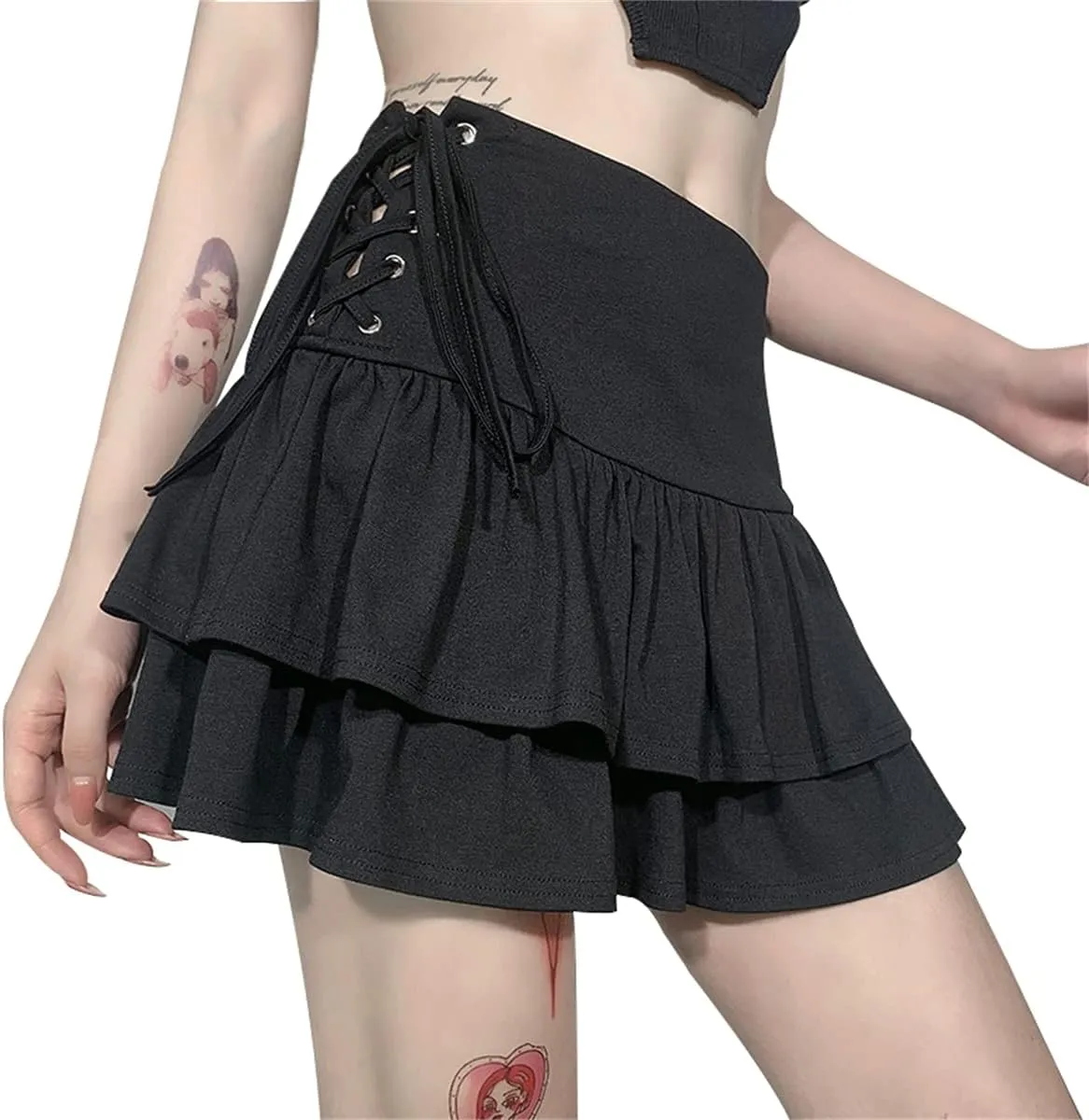 Womens High Waisted Goth Skirt Black Mini Skirts with Chain Short A-line Pleated School Tennis Dress