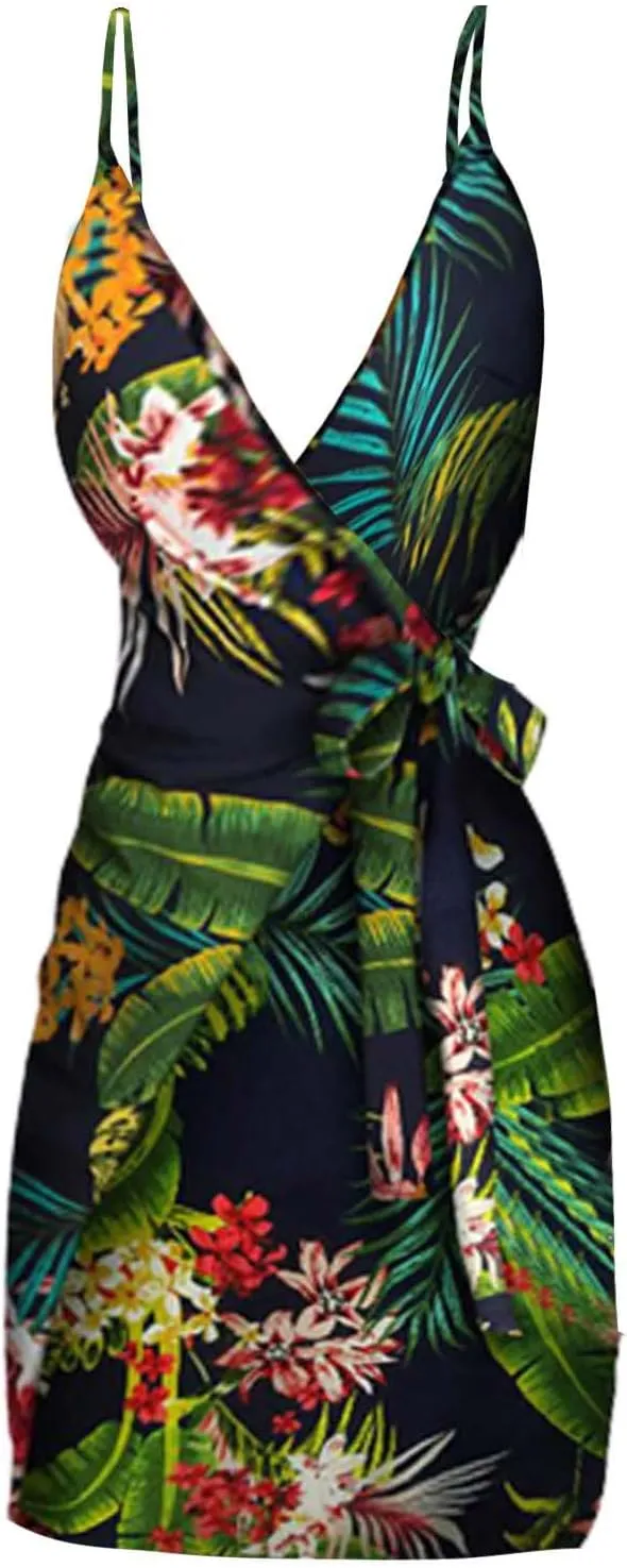Womens Spaghetti Strap Bodycon Dress Tie Waist V-Neck Slim Mini Dress Summer Tropical Print Beach Sun Dress