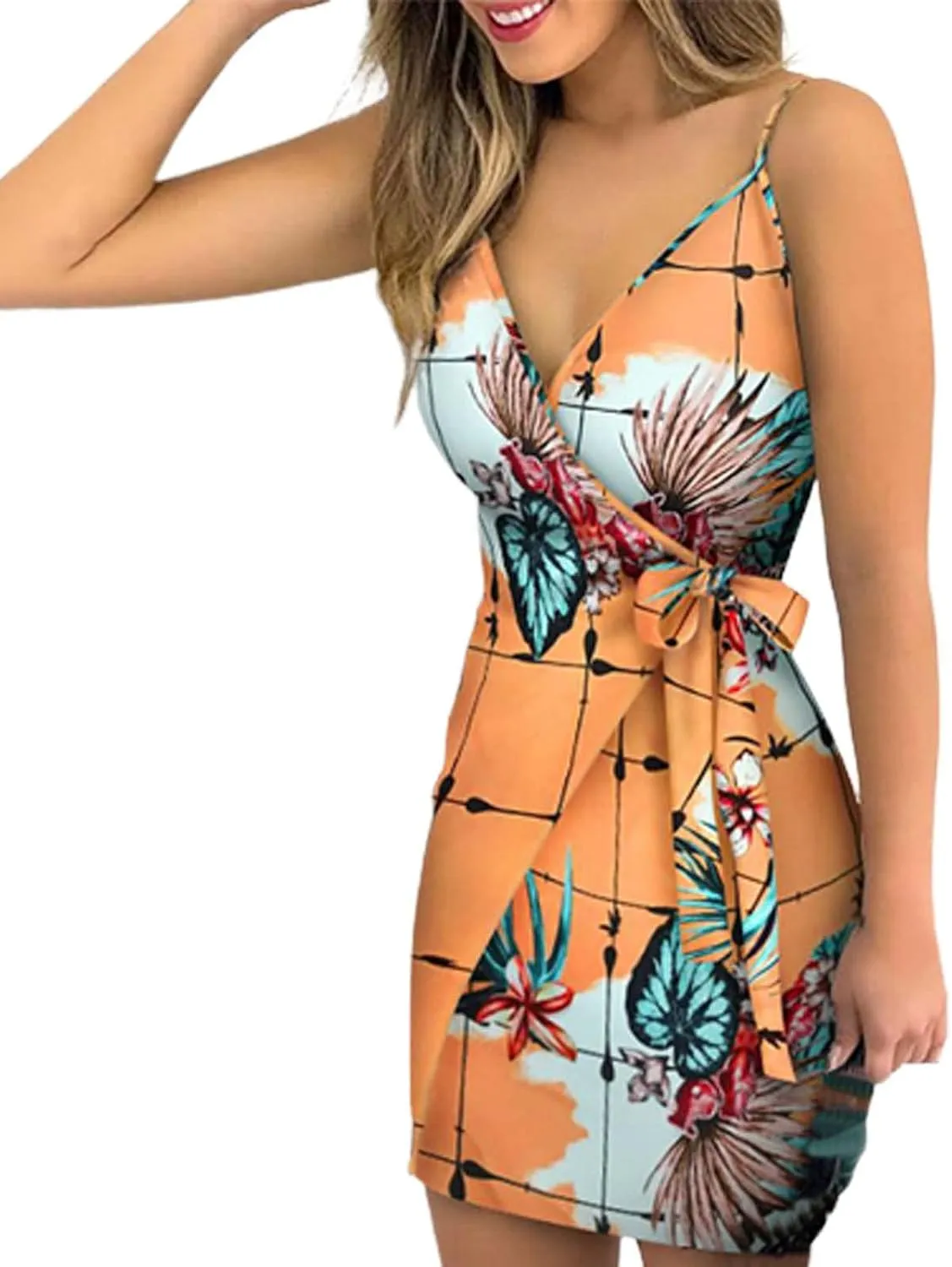 Womens Spaghetti Strap Bodycon Dress Tie Waist V-Neck Slim Mini Dress Summer Tropical Print Beach Sun Dress