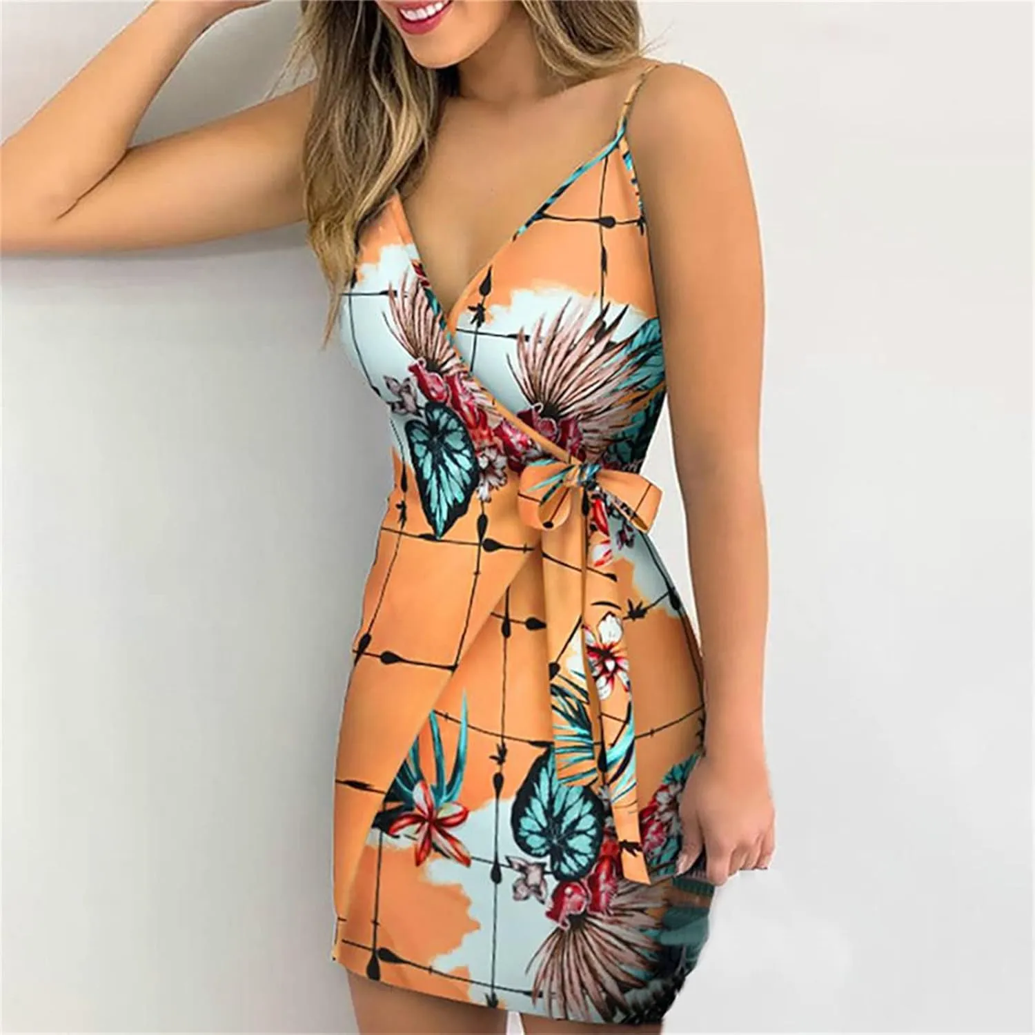 Womens Spaghetti Strap Bodycon Dress Tie Waist V-Neck Slim Mini Dress Summer Tropical Print Beach Sun Dress