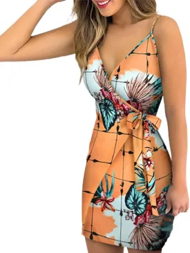 Womens Spaghetti Strap Bodycon Dress Tie Waist V-Neck Slim Mini Dress Summer Tropical Print Beach Sun Dress
