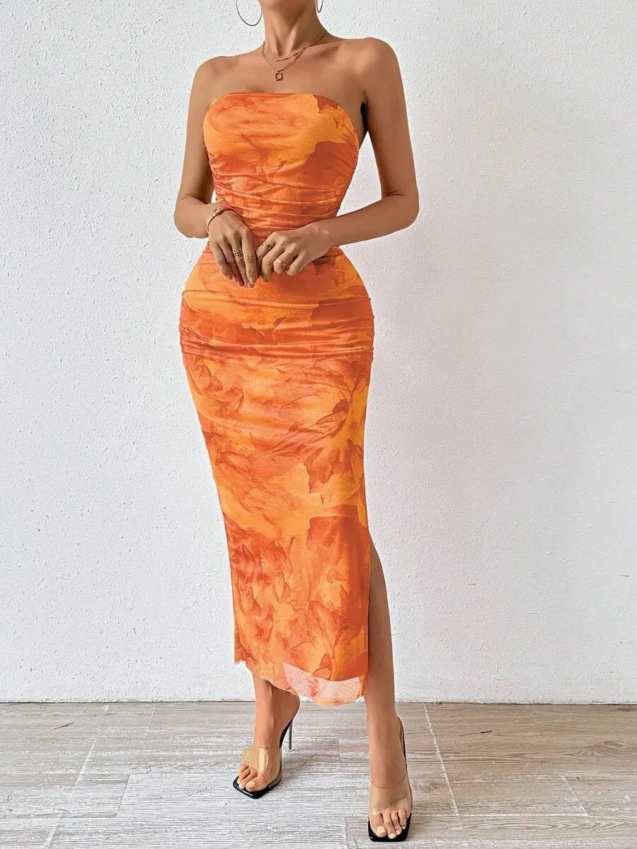 Women's Summer Dress Printed Strapless Tube Bodycon Maxi Side Slit Mesh Layered