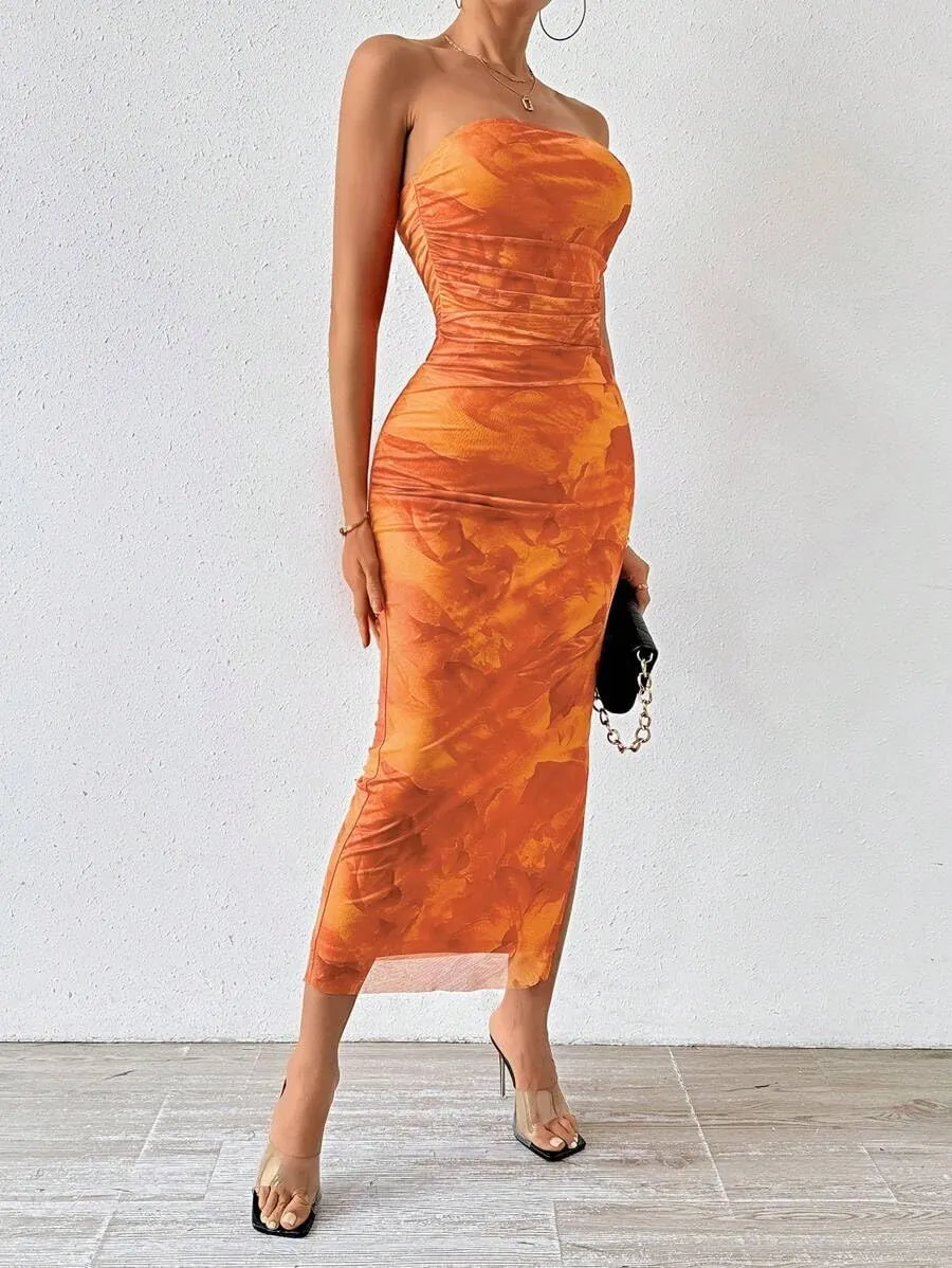 Women's Summer Dress Printed Strapless Tube Bodycon Maxi Side Slit Mesh Layered