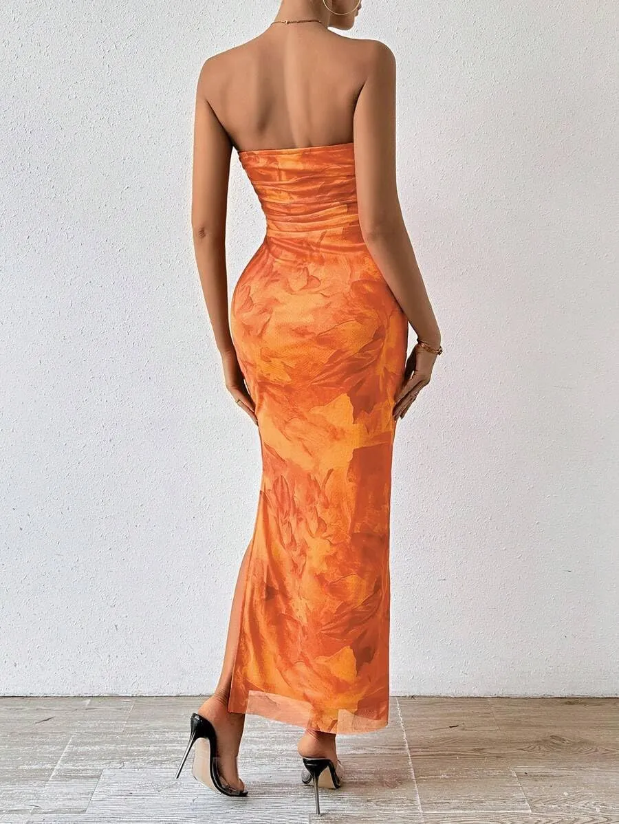 Women's Summer Dress Printed Strapless Tube Bodycon Maxi Side Slit Mesh Layered