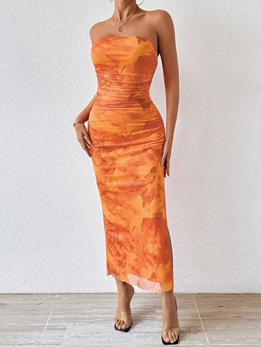 Women's Summer Dress Printed Strapless Tube Bodycon Maxi Side Slit Mesh Layered