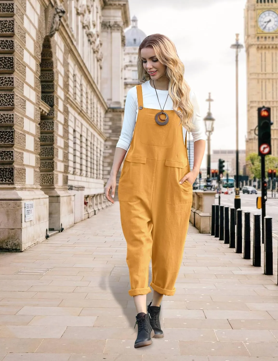 YESNO Women Long Casual Loose Bib Pants Overalls Baggy Rompers Jumpsuits with Pockets PV9