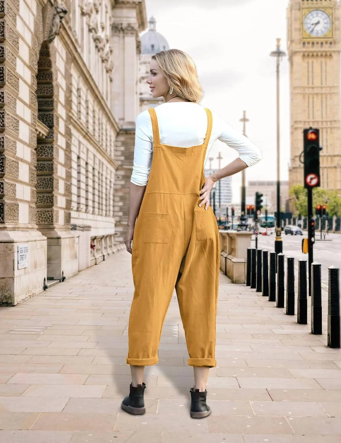 YESNO Women Long Casual Loose Bib Pants Overalls Baggy Rompers Jumpsuits with Pockets PV9