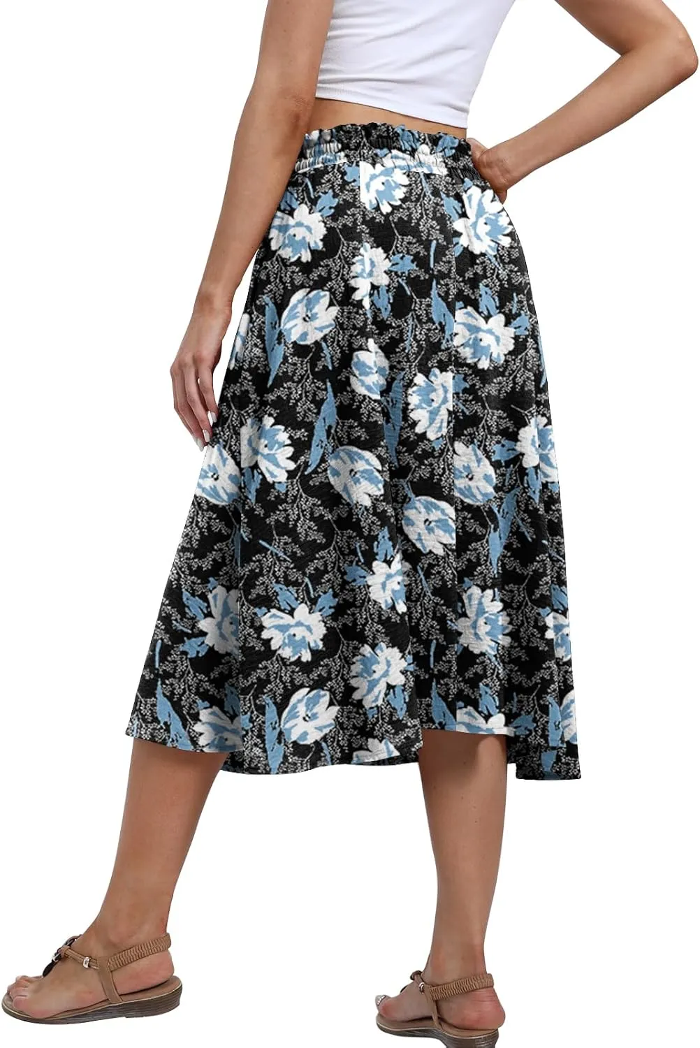 Yincro Women's Summer High Waisted Midi Skirt Elastic Waistband A-Line Skirt with Pockets