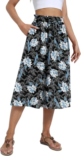 Yincro Women's Summer High Waisted Midi Skirt Elastic Waistband A-Line Skirt with Pockets