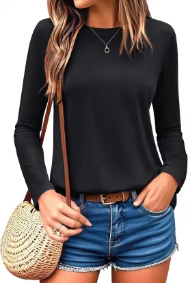 YUCOLEN Women's Cotton Long Sleeve Shirts Crewneck Cotton Basic T-Shirt Solid Color Soft Comfy Casual Tops Tees for Women