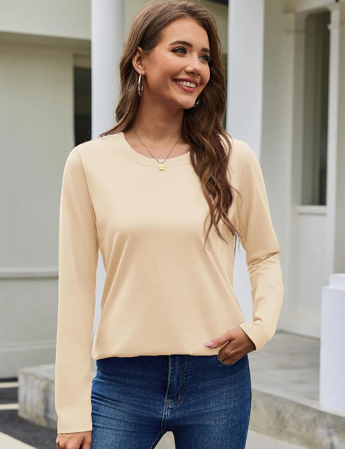 YUCOLEN Women's Cotton Long Sleeve Shirts Crewneck Cotton Basic T-Shirt Solid Color Soft Comfy Casual Tops Tees for Women