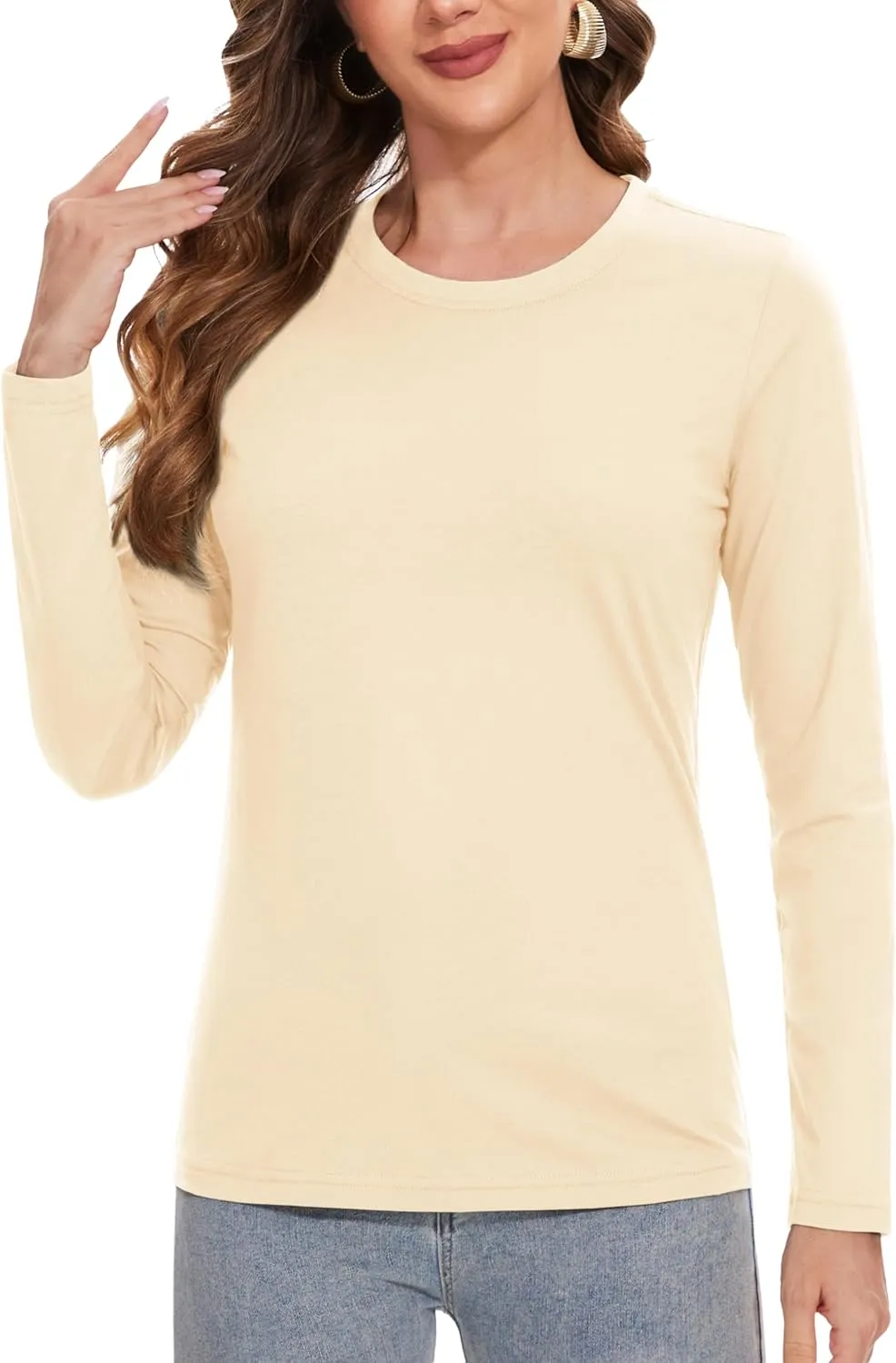 YUCOLEN Women's Cotton Long Sleeve Shirts Crewneck Cotton Basic T-Shirt Solid Color Soft Comfy Casual Tops Tees for Women