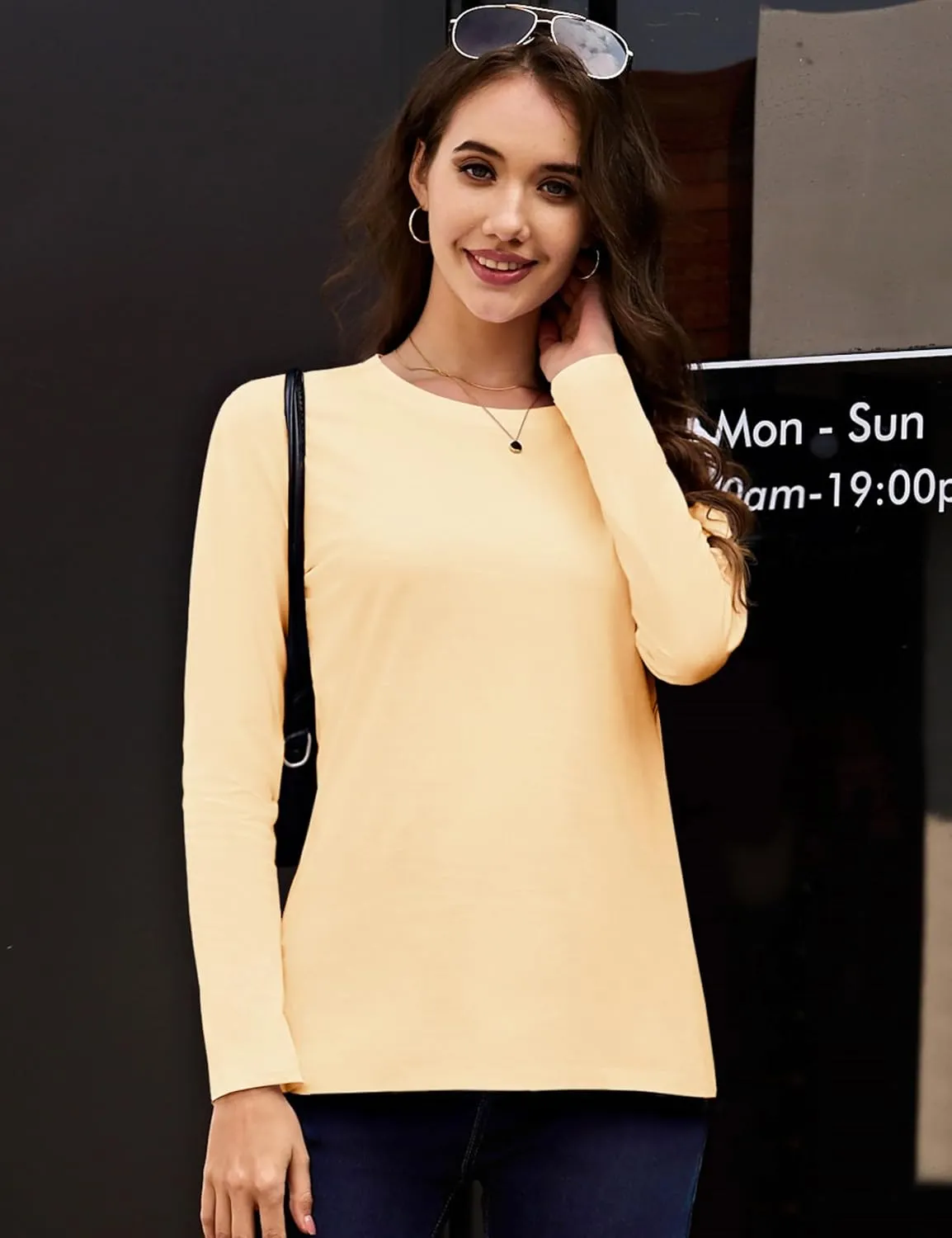 YUCOLEN Women's Cotton Long Sleeve Shirts Crewneck Cotton Basic T-Shirt Solid Color Soft Comfy Casual Tops Tees for Women